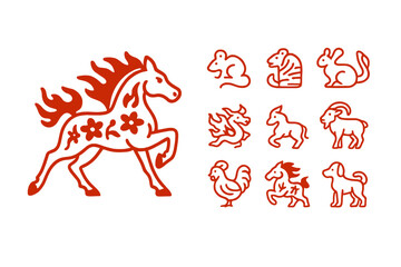 Stylized Chinese Zodiac animal icons including the dynamic running Horse sign
