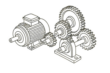 Fototapeta premium Industrial electric motor coupled with a complex gear train mechanism technical view