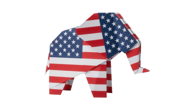 American flag origami elephant isolated PNG, patriotic paper animal on transparent background for political themes and design projects - Powered by Adobe