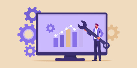 A person adjusts settings on a computer with gears and growth charts