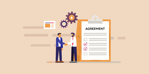 Business agreement negotiation and successful partnership illustrated with gears and a checklist