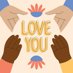 Love You romantic confession phrase handwritten with elegant cursive calligraphic font inside round wreath. Stylish lettering isolated on white background. Vector illustration for Valentine's Day.