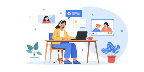 Woman working remotely connecting with colleagues through video conferencing and online tools