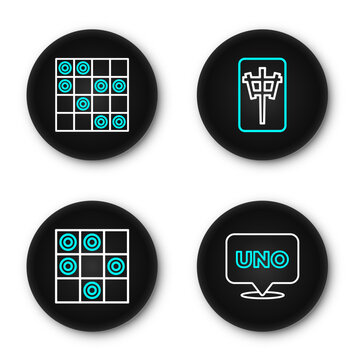 Set line Uno card game, Board of checkers, Mahjong pieces and icon. Vector
