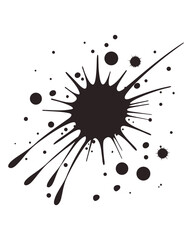 A dynamic black ink splatter with radiating lines and scattered droplets on a clean white surface