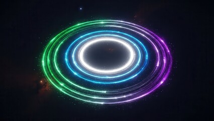 Vibrant rainbow neon circles creating a mesmerizing concentric abstract light tunnel effect