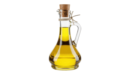 Olive oil in glass bottle isolated PNG, healthy cooking ingredient on transparent background for culinary use and Mediterranean diet