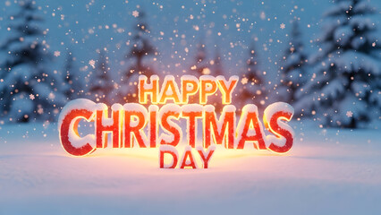 Festive happy christmas day greeting with glowing letters and a winter wonderland background