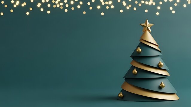 Elegant dark teal christmas tree with golden star and ribbon on a dark background - Powered by Adobe