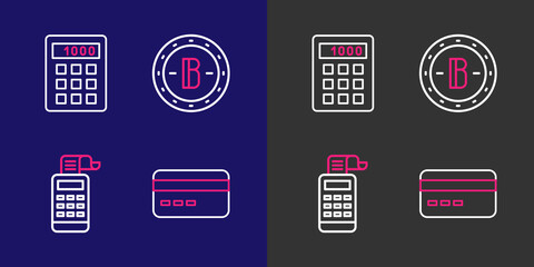 Set line Credit card, Cash register machine, Bitcoin and Calculator icon. Vector