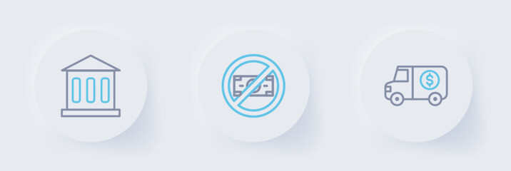 Set line Armored truck, No money and Bank building icon. Vector