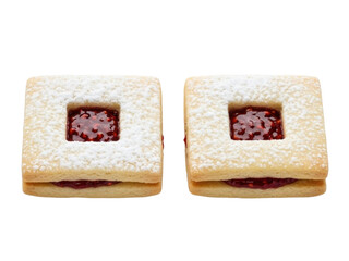 Isolated square sandwich cookies with jam filling and powdered sugar dusting, pastries