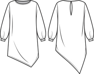 Asymmetrical hem tunic dress flat sketch, long sleeve fashion design, front and back view, technical drawing, vector illustration