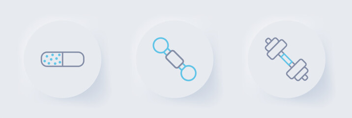 Set line Dumbbell, and Vitamin pill icon. Vector