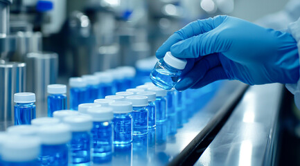 Gloved hand inspecting blue liquid vials in sterile pharmaceutical production lab