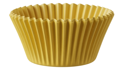 Yellow paper baking cup isolated PNG on transparent background, fluted cupcake liner for party and dessert preparation