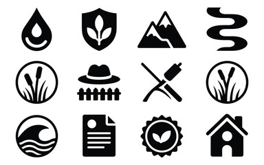 Nature Conservation & Landscape Icons — Water, Mountains, Wetlands, Agriculture Tools, Eco Badges & Sustainable Living Symbols