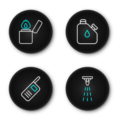 Set line Fire sprinkler, Walkie talkie, Canister fuel and Lighter icon. Vector