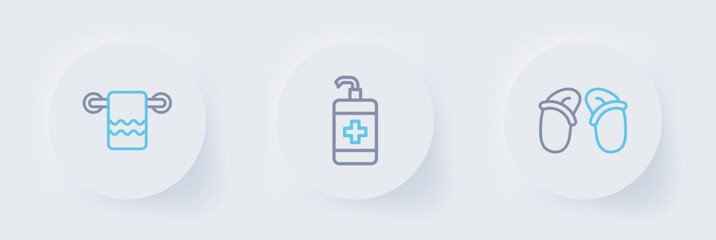 Set line Flip flops, Hand sanitizer bottle and Towel on hanger icon. Vector