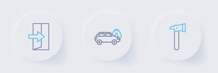 Fototapeta premium Set line Firefighter axe, Burning car and exit icon. Vector