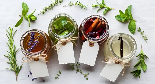Homemade infused liquids in glass jars with blank tags, featuring herbal blends, honey, and lemon, surrounded by fresh aromatic herbs on light wood - Powered by Adobe