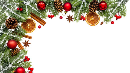 Festive christmas garland with ornaments pine cones and dried citrus slices