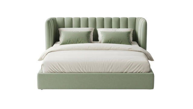Isolated sage green upholstered bed with headboard and pillows, studio shot furniture