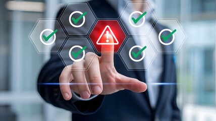Corporate risk assessment concept showing executive pressing alert symbol for compliance control, threat prevention, governance standards, and operational safety management