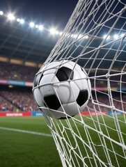 Soccer ball hitting net, scoring goal at stadium