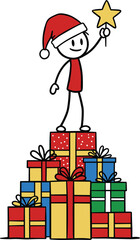 Stick figure Christmas celebration, Santa hat character with star, gift box pyramid scene, cad drawing flat vector illustration, holiday icon