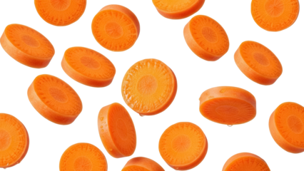 Fresh carrot slices PNG isolated on transparent backdrop, vibrant orange vegetable pieces for healthy eating and cooking concepts