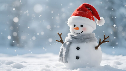 Cheerful Snowman, Winter Scene, Holiday Decor, Christmas Hat, Snowflakes, Festive Atmosphere