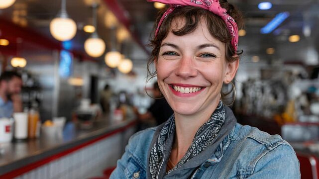Smiling woman at retro diner counter, wearing red polka dress and layered necklaces, visible arm tattoo, warm ambient lights and red stools in blurred