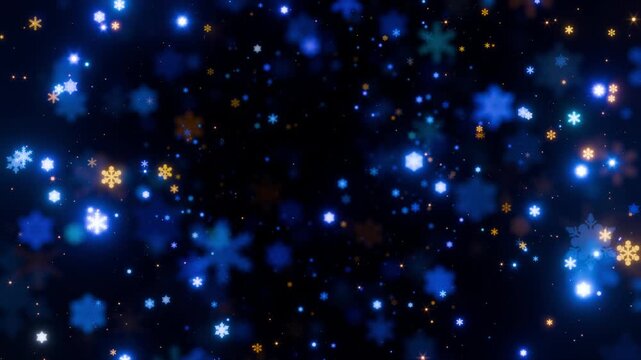 Winter background with lots of blue snowflakes and glowing lights. The luminous elements add a sense of celebration and coziness, reminding of New Year and Christmas decorations. 2026