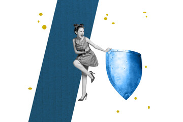 Trendy banner 3d poster image photo collage of fairy-tale character girl guy metal armor steel protection guard excalibur sword