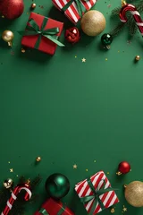 Selbstklebende Fototapeten Sportgeschäft Vibrant vertical holiday scene featuring red and striped gifts, gold and green ornaments, ribbons, and festive accents ready for Christmas and New Year celebrations  © ActionGP