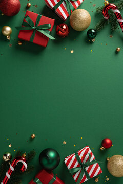 Fototapeta Vibrant vertical holiday scene featuring red and striped gifts, gold and green ornaments, ribbons, and festive accents ready for Christmas and New Year celebrations