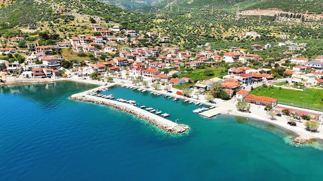 Aerial Drone View of Glyfada Village and the Gulf of Corinth, Central Greece