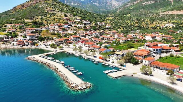 Aerial Drone Zoom View of Glyfada Village and the Gulf of Corinth, Central Greece