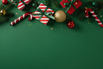 Vibrant holiday scene featuring a candy cane, striped gift boxes with green ribbons, and a gold ornament on a deep green backdrop, captured for Christmas and New Year greetings