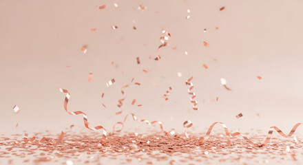 Falling rose gold confetti and ribbon on surface, creating celebratory atmosphere, symbolizing party, event, or festive occasion with gentle color palette
