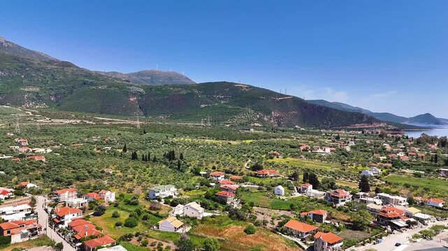 Aerial Drone View of Glyfada Village and the Gulf of Corinth, Central Greece