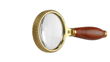 Isolated Magnifying Glass, Lens with Wooden Handle and Gold Frame for Reading Fine Print