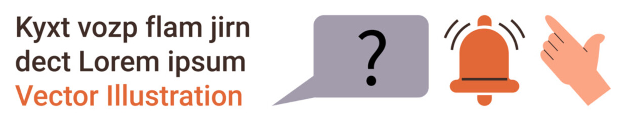 Communication, alerts, user interaction, notifications, inquiries, digital navigation. A hand points to a ringing bell next to a question mark in a speech bubble. Communication and alerts concept