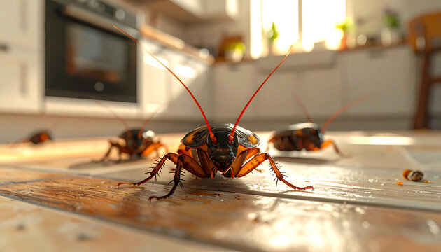 A close-up, low-angle shot of several cockroaches crawling on a tiled kitchen floor in bright sunlight.