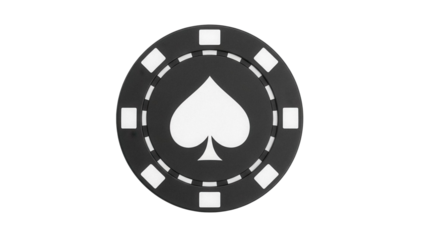 Black poker chip with spade symbol isolated PNG, casino game token for gambling and betting on transparent background