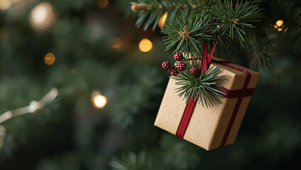Christmas gift box with ribbon and hanging green pine branch