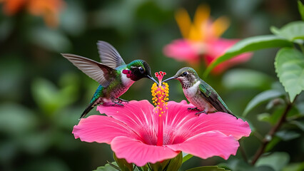 Naklejka premium Two colorful hummingbirds feeding on a vibrant pink hibiscus flower in a lush garden setting