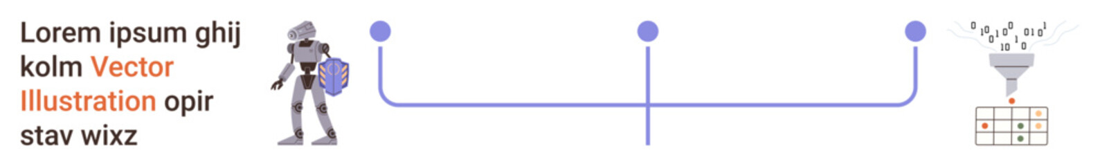 Cybersecurity, data processing, technology, artificial intelligence, workflow, information security. Robot holding shield, data funnel and diagram connected by lines. Cybersecurity and data