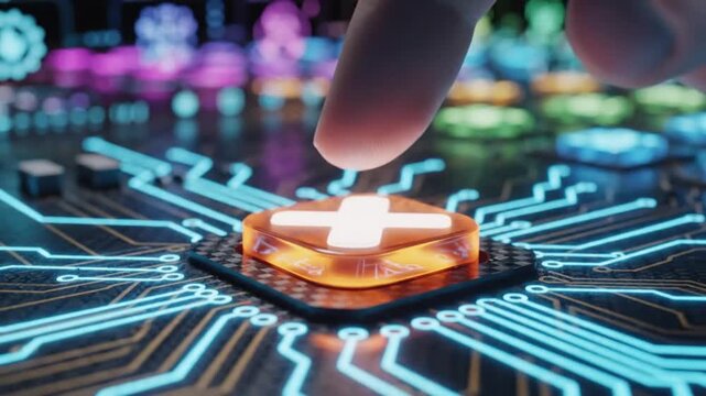Hand pressing glowing plus button on futuristic circuit board, concept of technological advancement and innovation